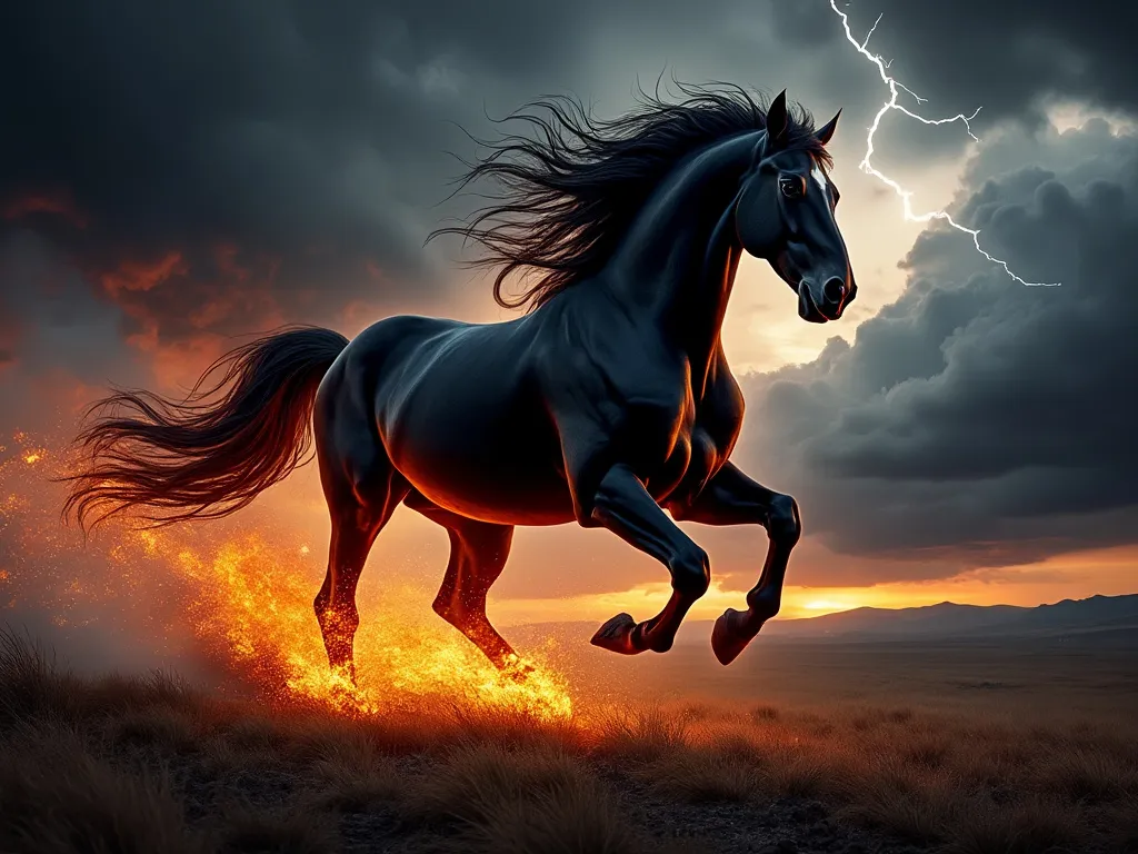 Flux AI image of a Fiery Black Stallion in a stormy landscape