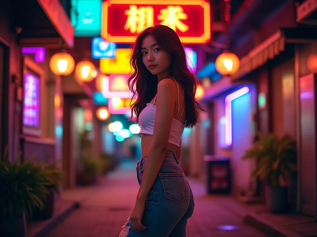 Flux AI image of an Asian girl in a Neon Alley at night