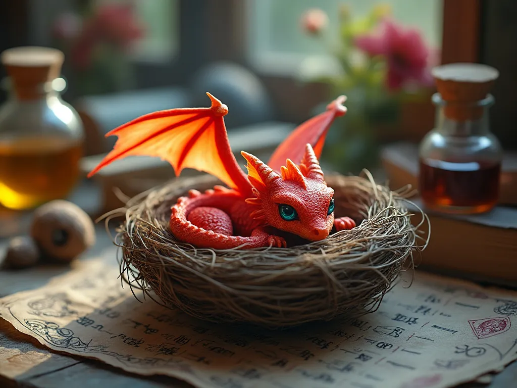 Flux AI image of a Tiny Red Dragon on a wizard's desk
