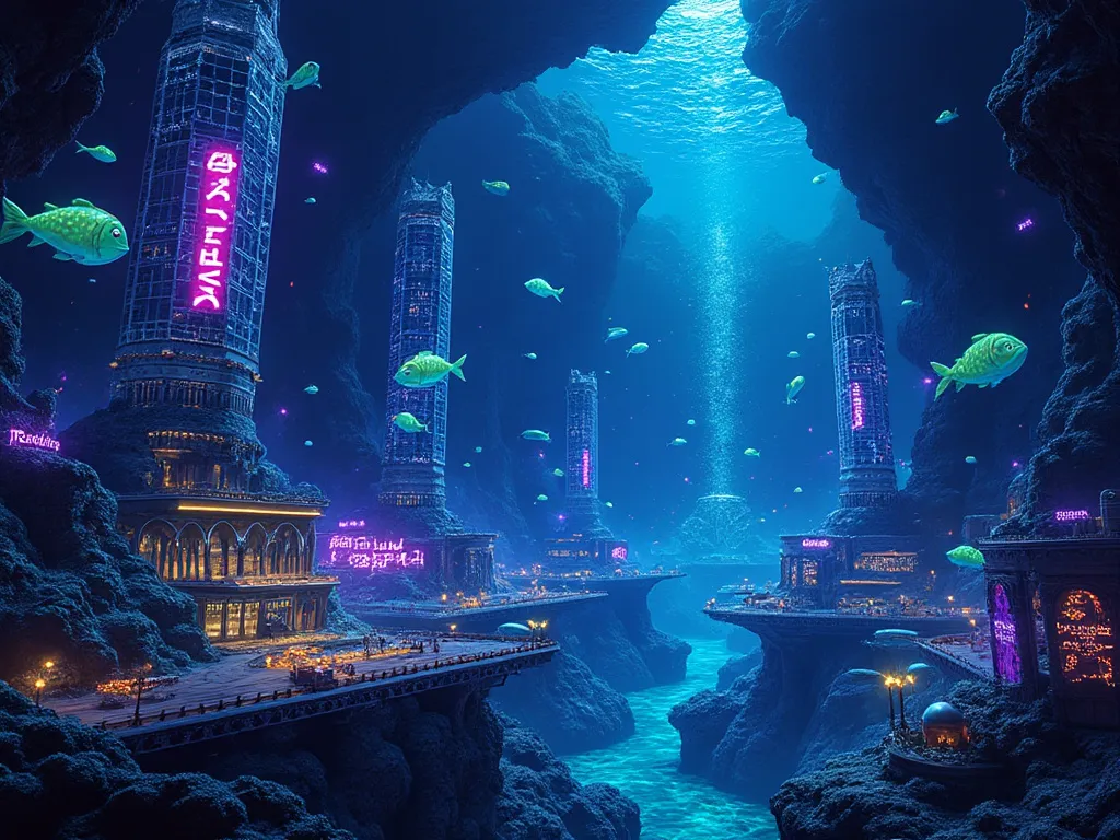 Flux AI image of an Underwater City with bioluminescent creatures